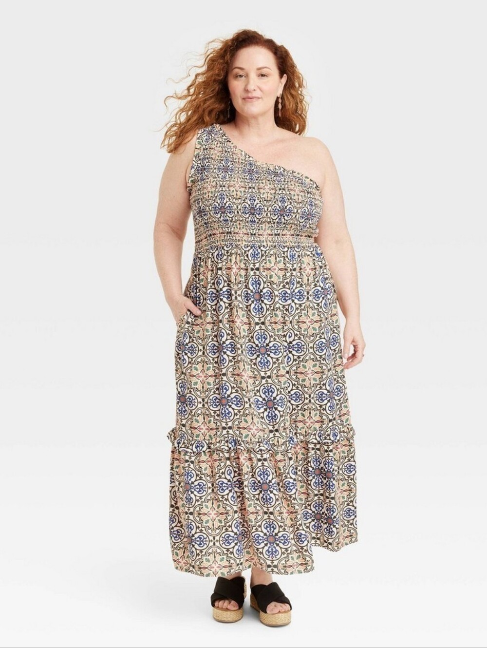 Knox Rose Smocked One Shoulder Medallion Printed Flowy Maxi Dress Size Large